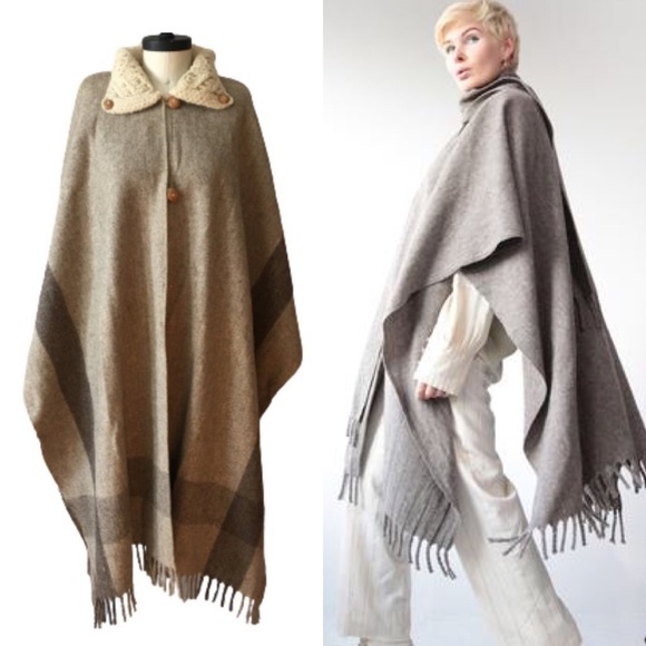 NEW Vintage Wool Blanket Cape Cable Knit Collar Handmade Fringed Long Americana - Picture 1 of 16